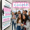 colorful talent show flyer template displayed on digital screen at high school with students taking pictures and excited to try out